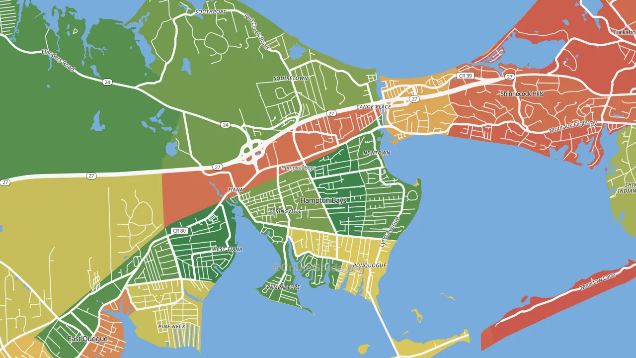 Hampton Bays, NY Map of Robbery Rates