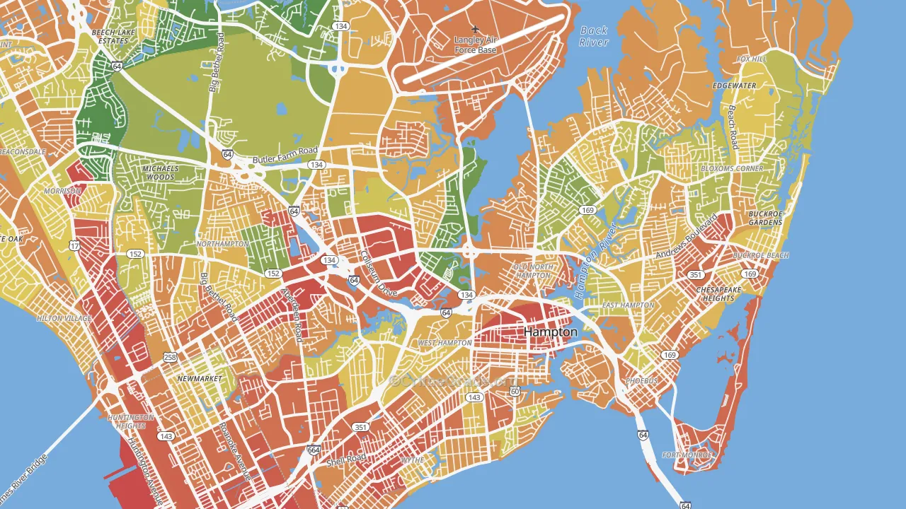 Hampton City, VA Map of Robbery Rates