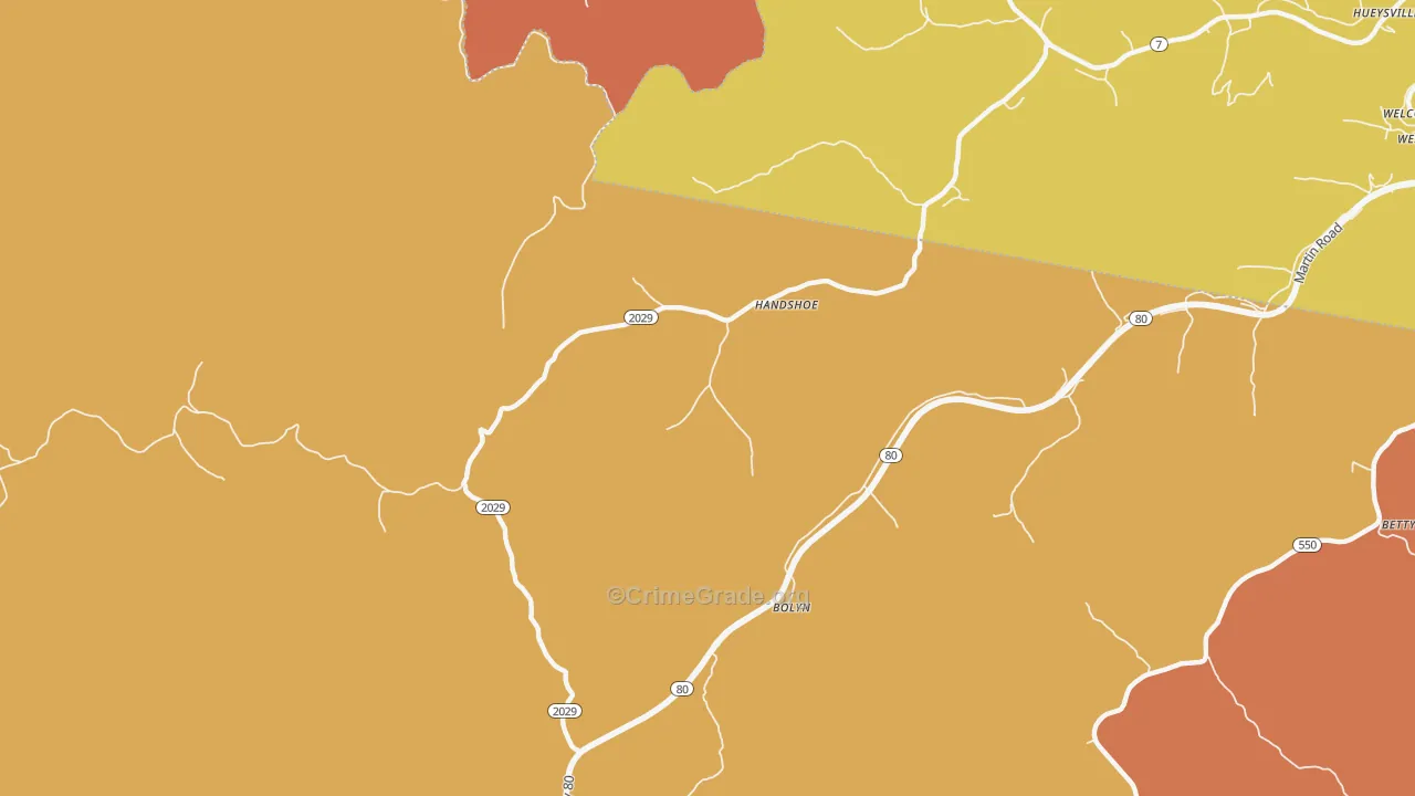 Handshoe, KY Map of Robbery Rates