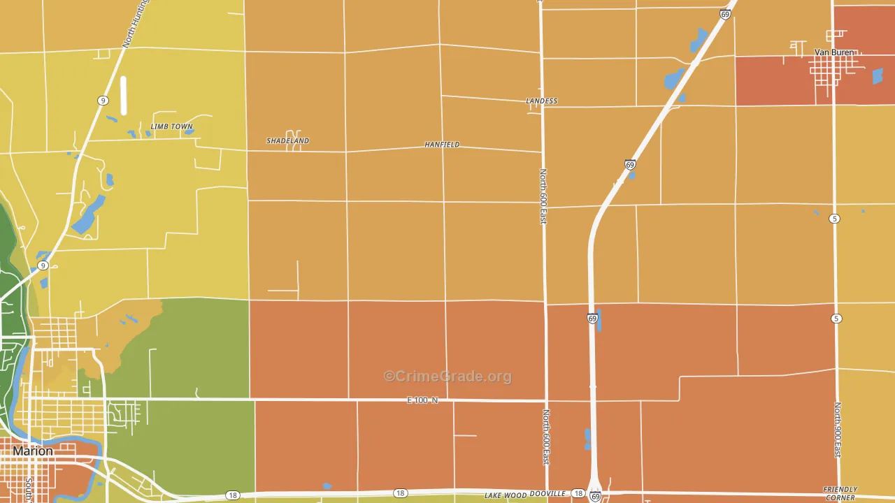 Hanfield, IN Map of Robbery Rates