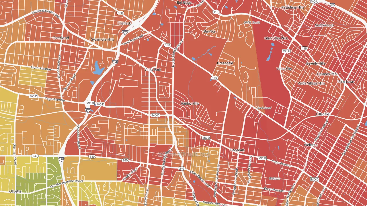 Hanley Hills, MO Map of Robbery Rates