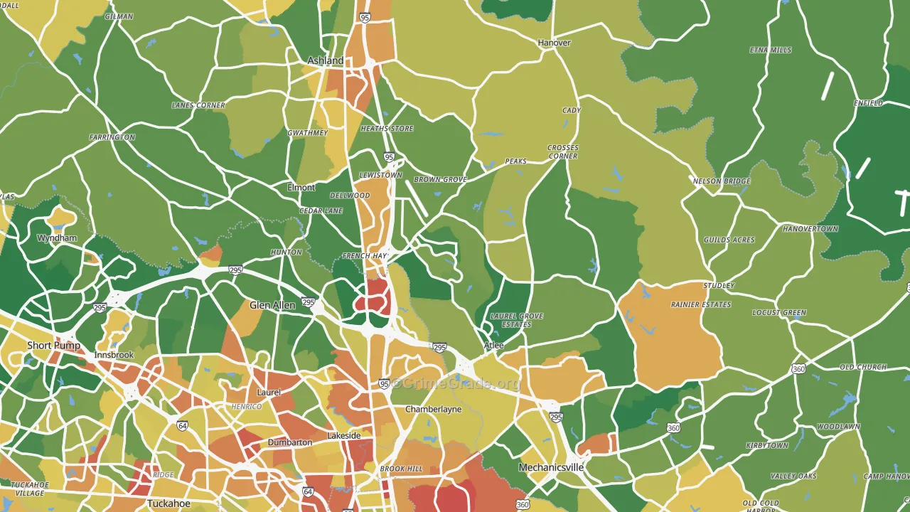 Hanover County, VA Map of Robbery Rates