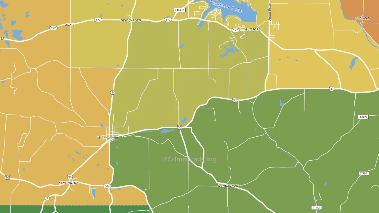 Hanoverton, OH Map of Robbery Rates