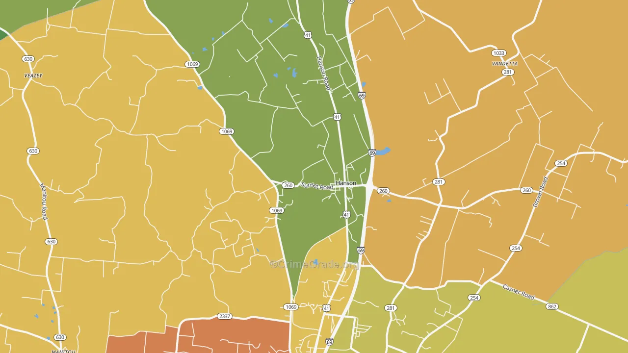 Hanson, KY Map of Robbery Rates