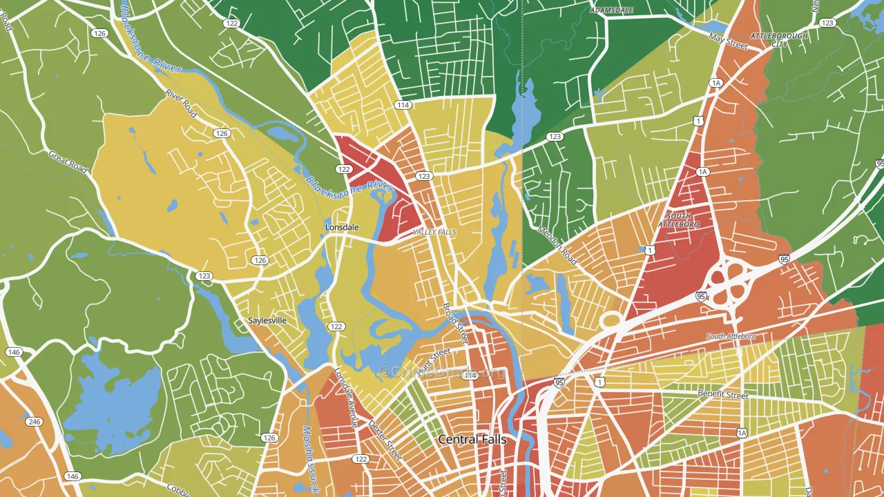 Happy Hollow, Valley Falls, RI Map of Robbery Rates