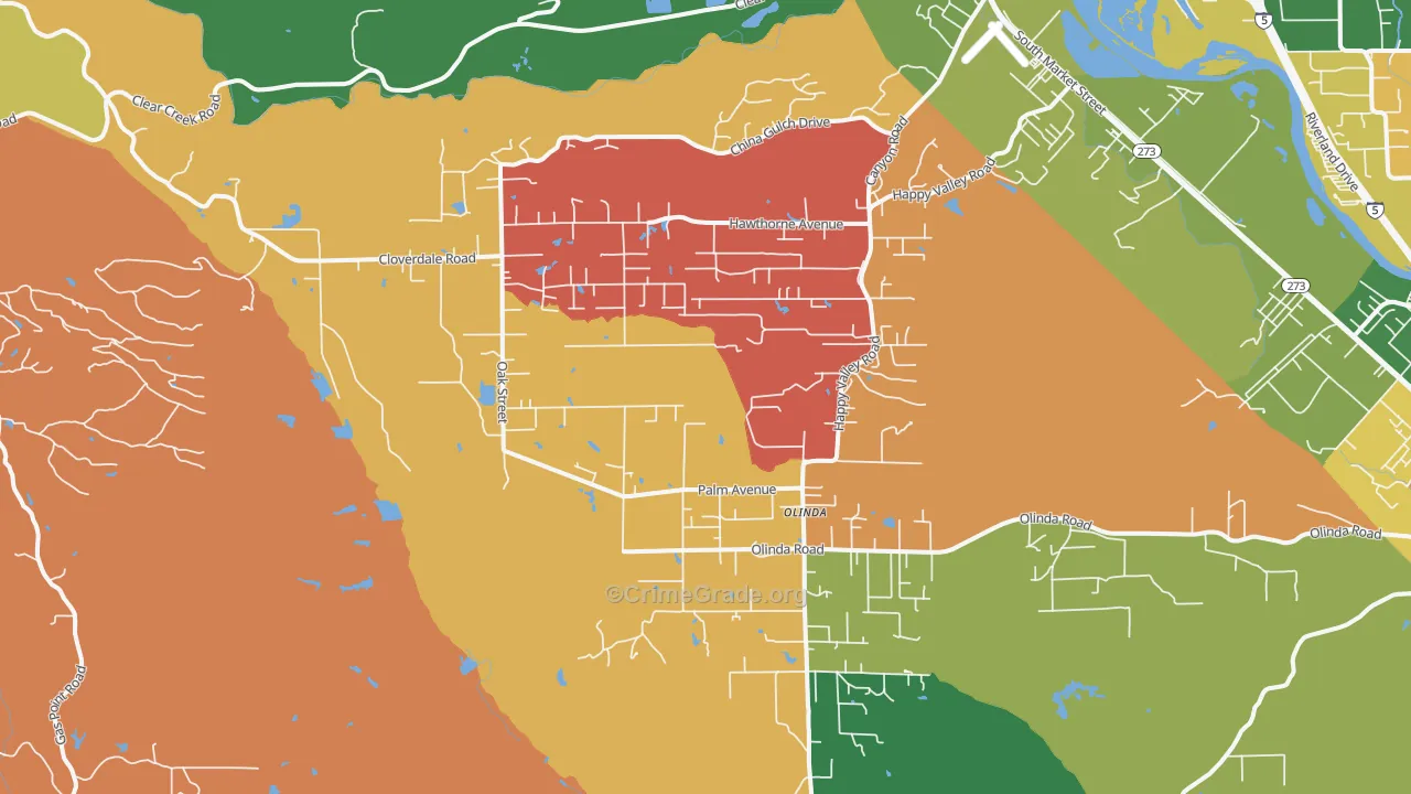 Happy Valley, Anderson, CA Map of Robbery Rates