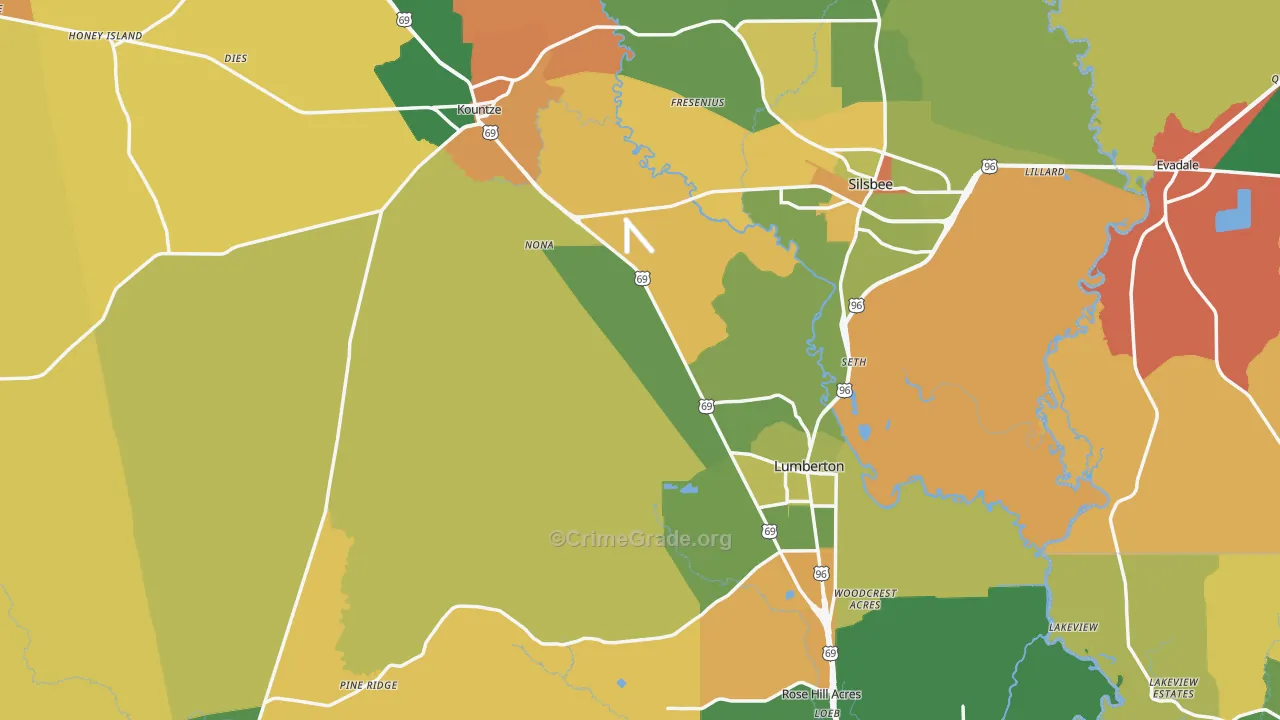 Hardin County, TX Map of Robbery Rates