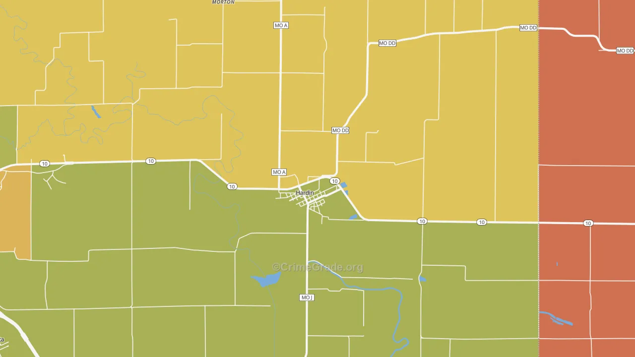 Hardin, MO Map of Robbery Rates