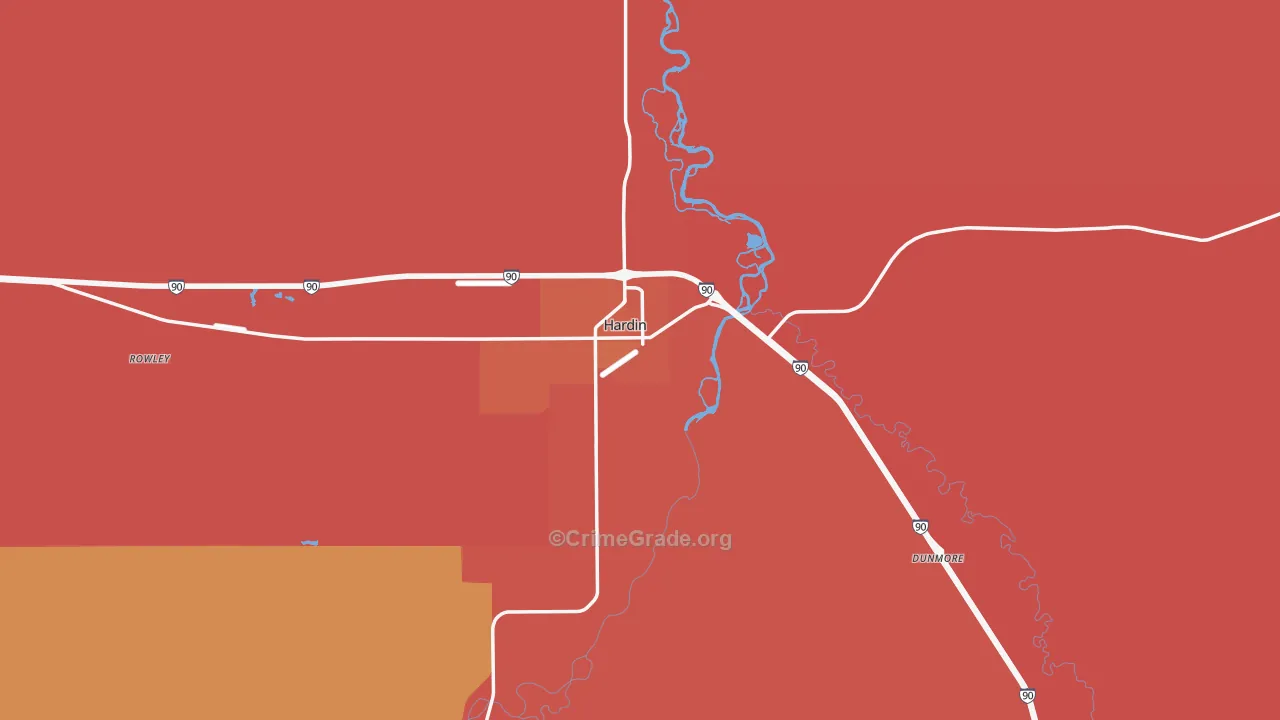 Hardin, MT Map of Robbery Rates