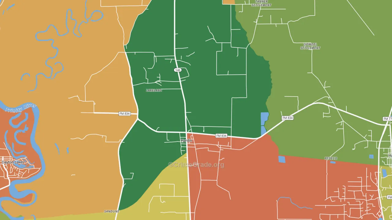 Hardin, TX Map of Robbery Rates