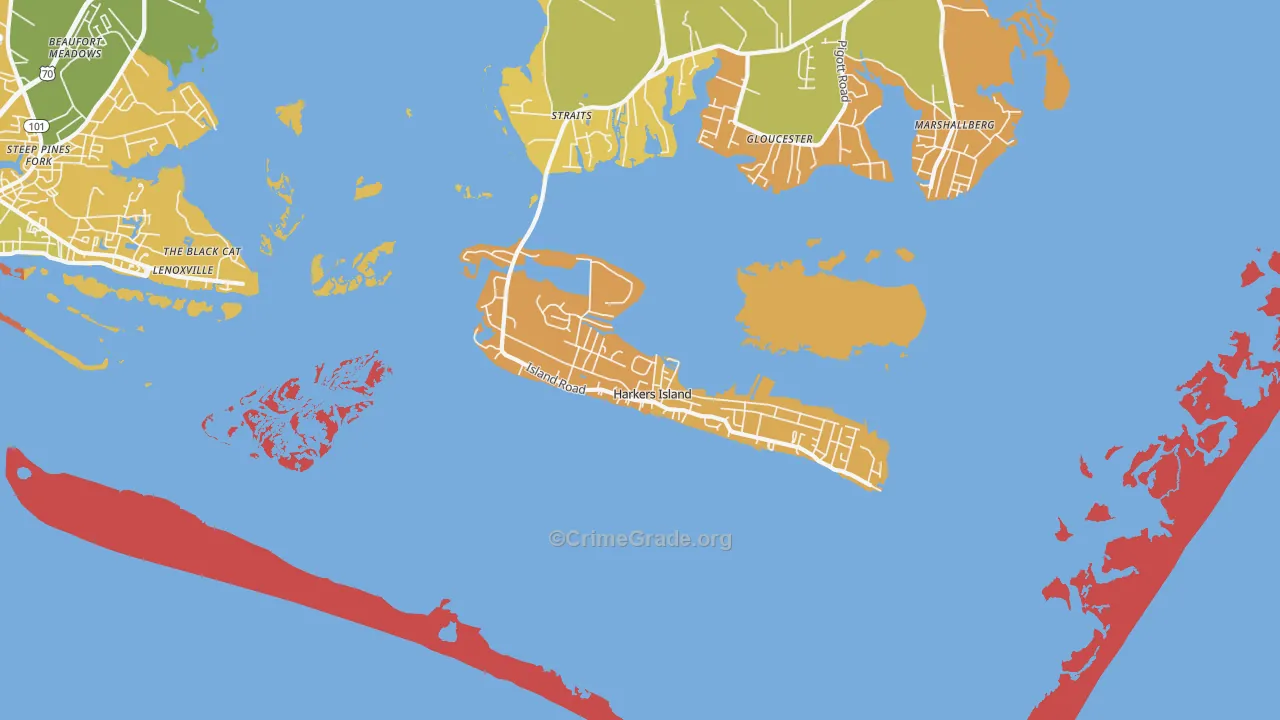 Harkers Island, NC Map of Robbery Rates