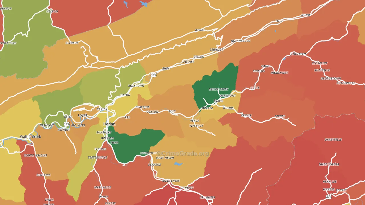 Harlan County, KY Map of Robbery Rates