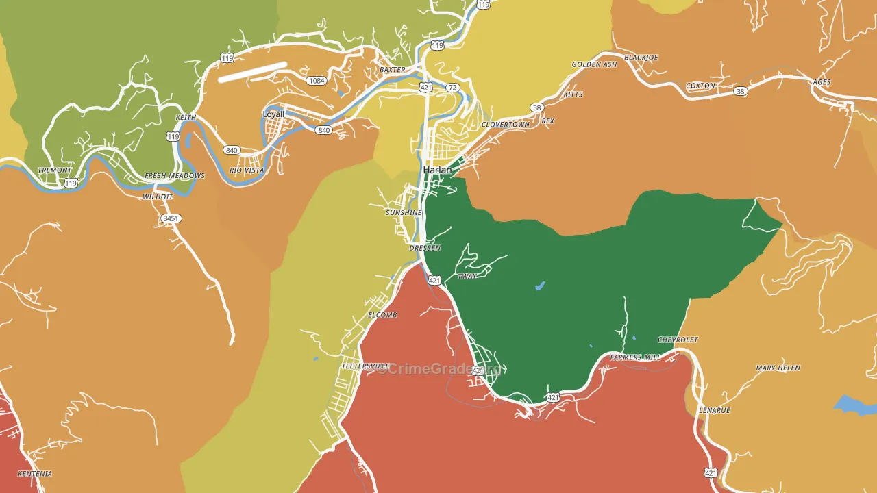 Harlan, KY Map of Robbery Rates