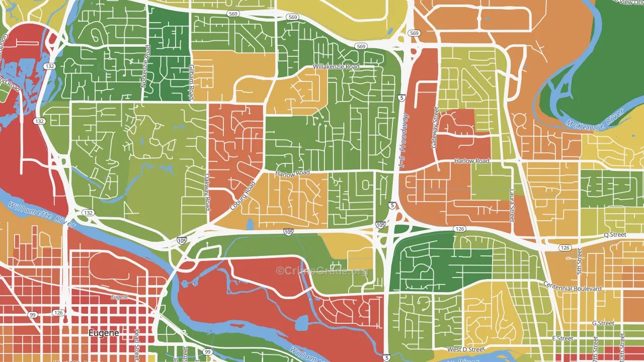 Harlow, Eugene, OR Map of Robbery Rates