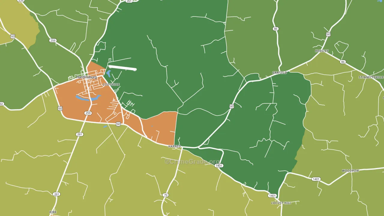 Harned, KY Map of Robbery Rates