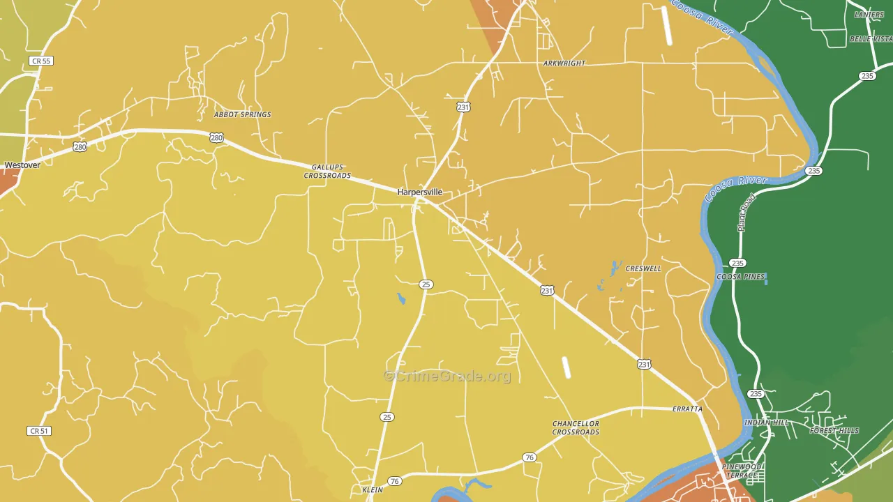 Harpersville, AL Map of Robbery Rates