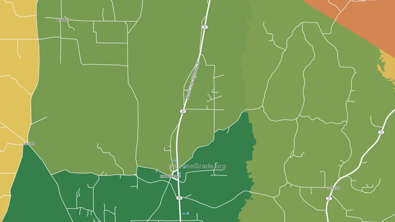 Harperville, MS Map of Robbery Rates