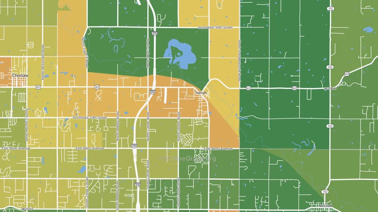 Harrah, OK Map of Robbery Rates