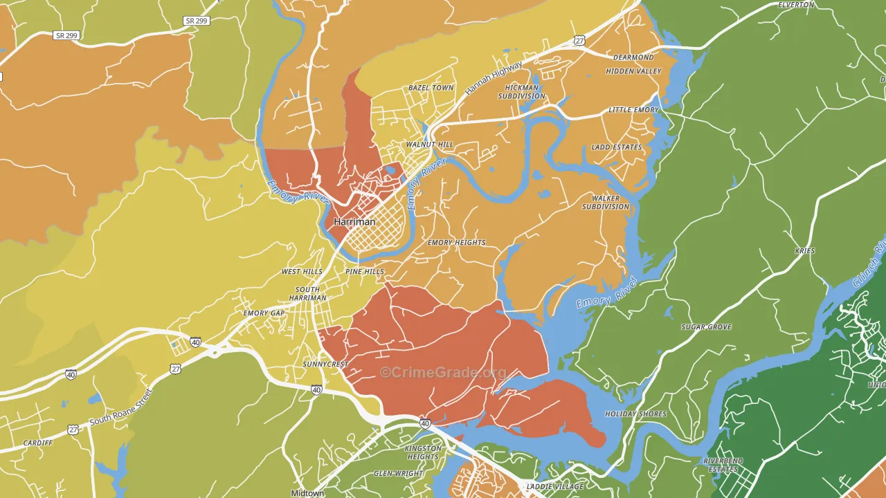 Harriman, TN Map of Robbery Rates