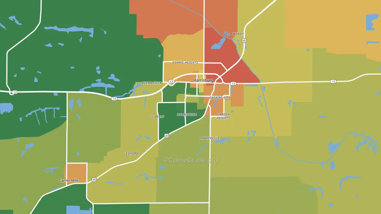 Harrisburg, IL Map of Robbery Rates