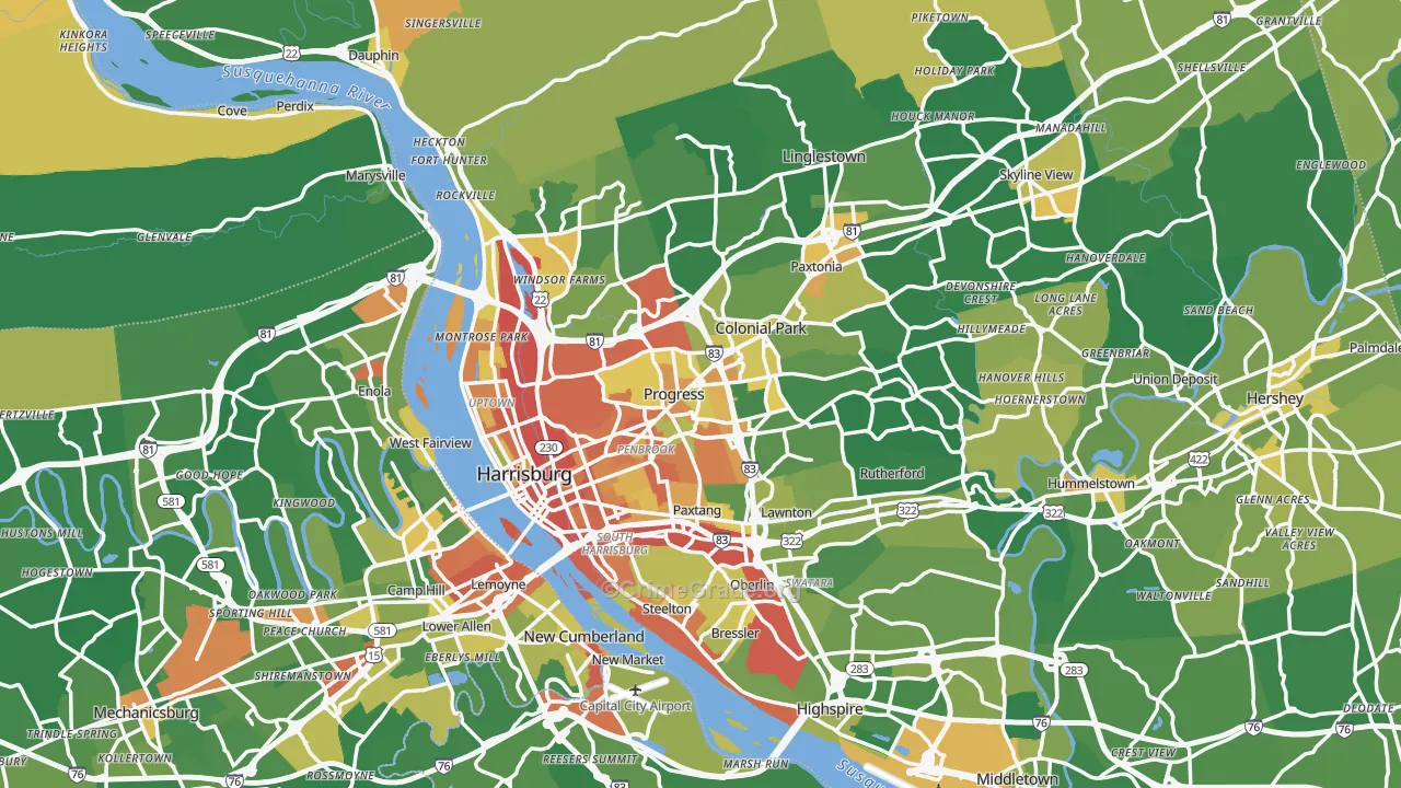 Harrisburg, PA Map of Robbery Rates