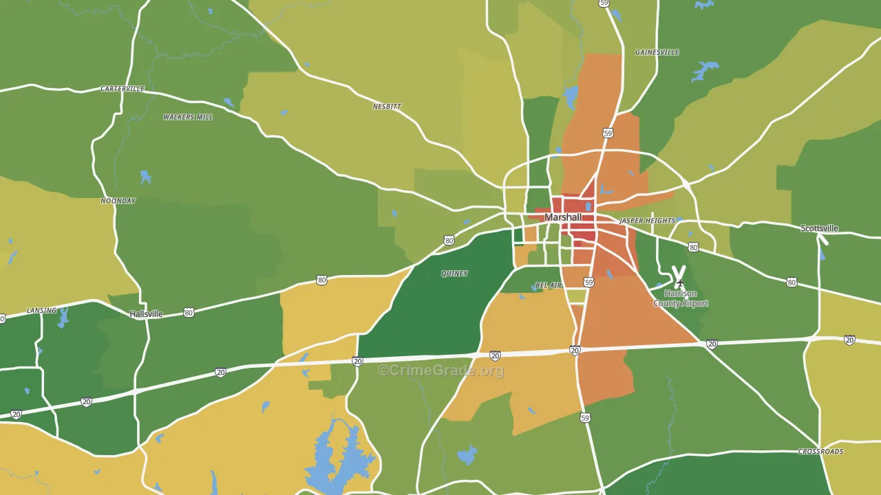 Harrison County, TX Map of Robbery Rates