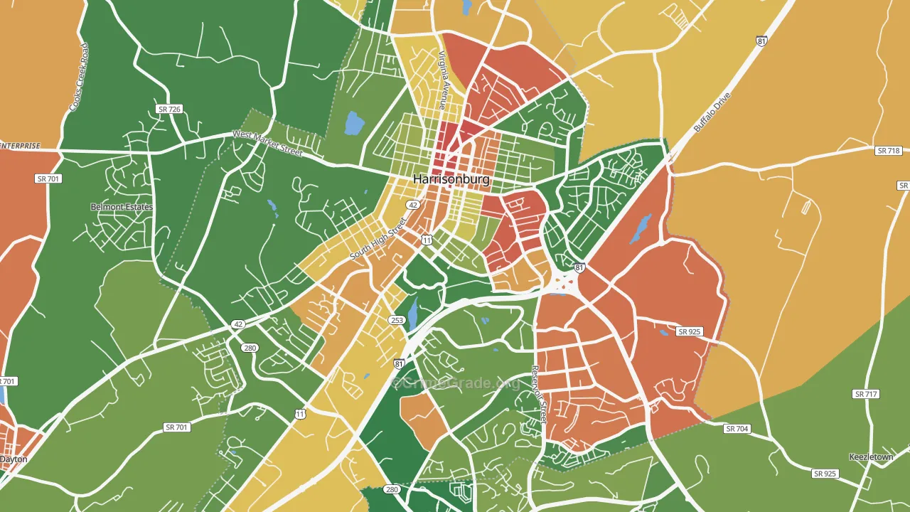 Harrisonburg City, VA Map of Robbery Rates