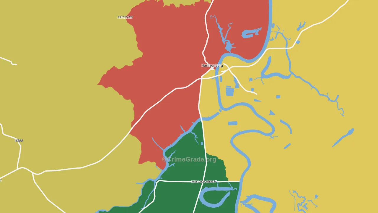Harrisonburg, LA Map of Robbery Rates