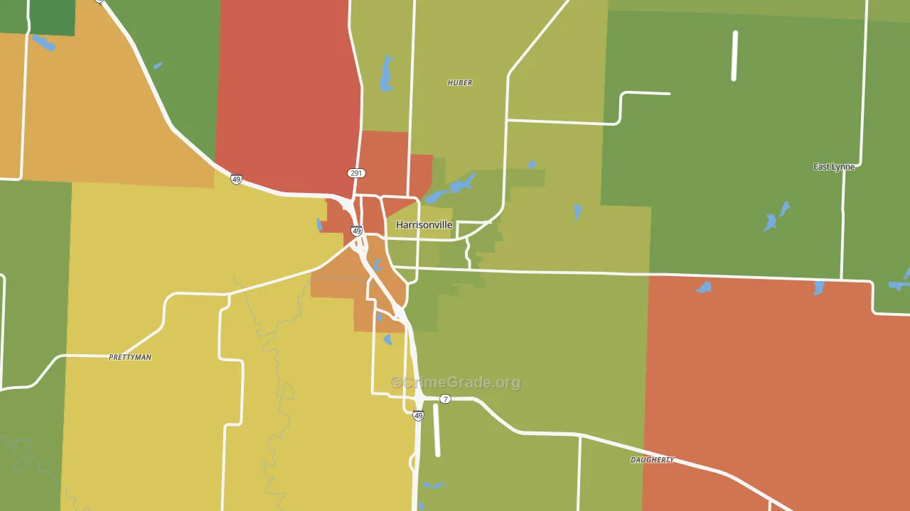 Harrisonville, MO Map of Robbery Rates