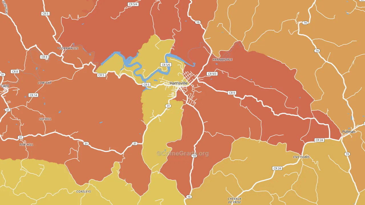 Harrisville, WV Map of Robbery Rates