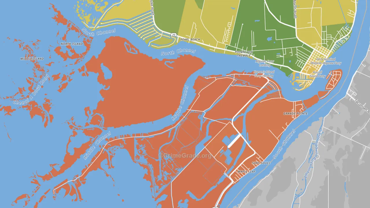 Harsens Island, MI Map of Robbery Rates