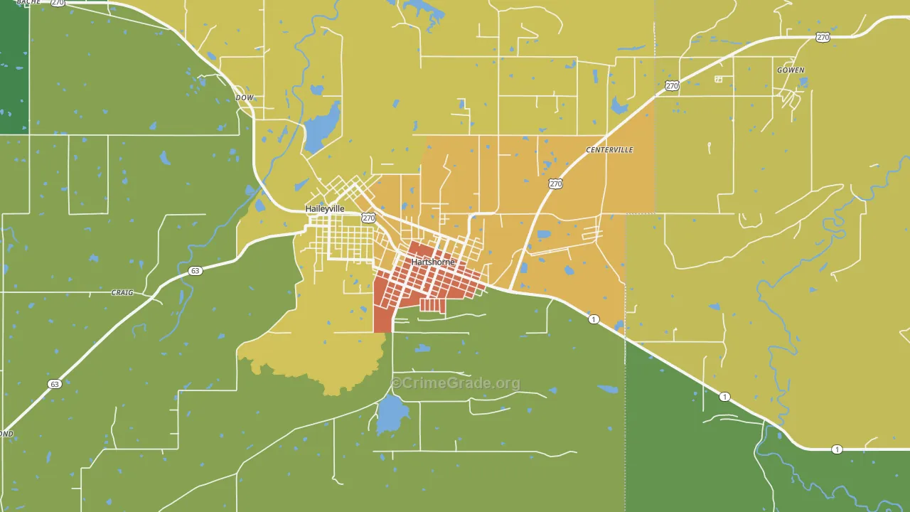 Hartshorne, OK Map of Robbery Rates