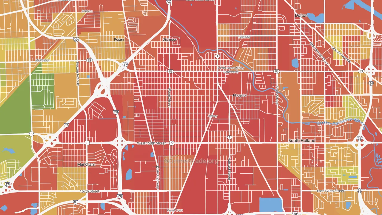 Harvey, IL Map of Robbery Rates