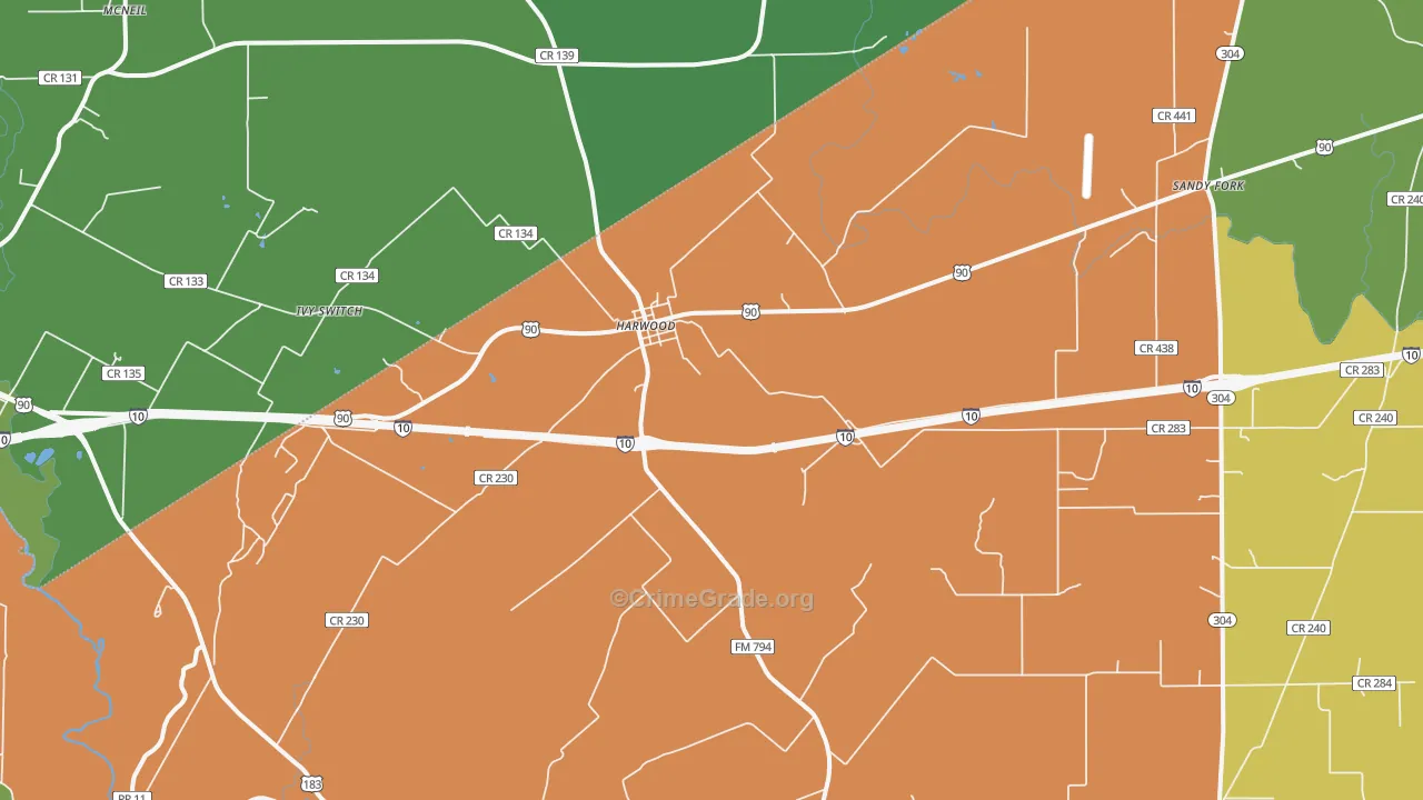 Harwood, TX Map of Robbery Rates