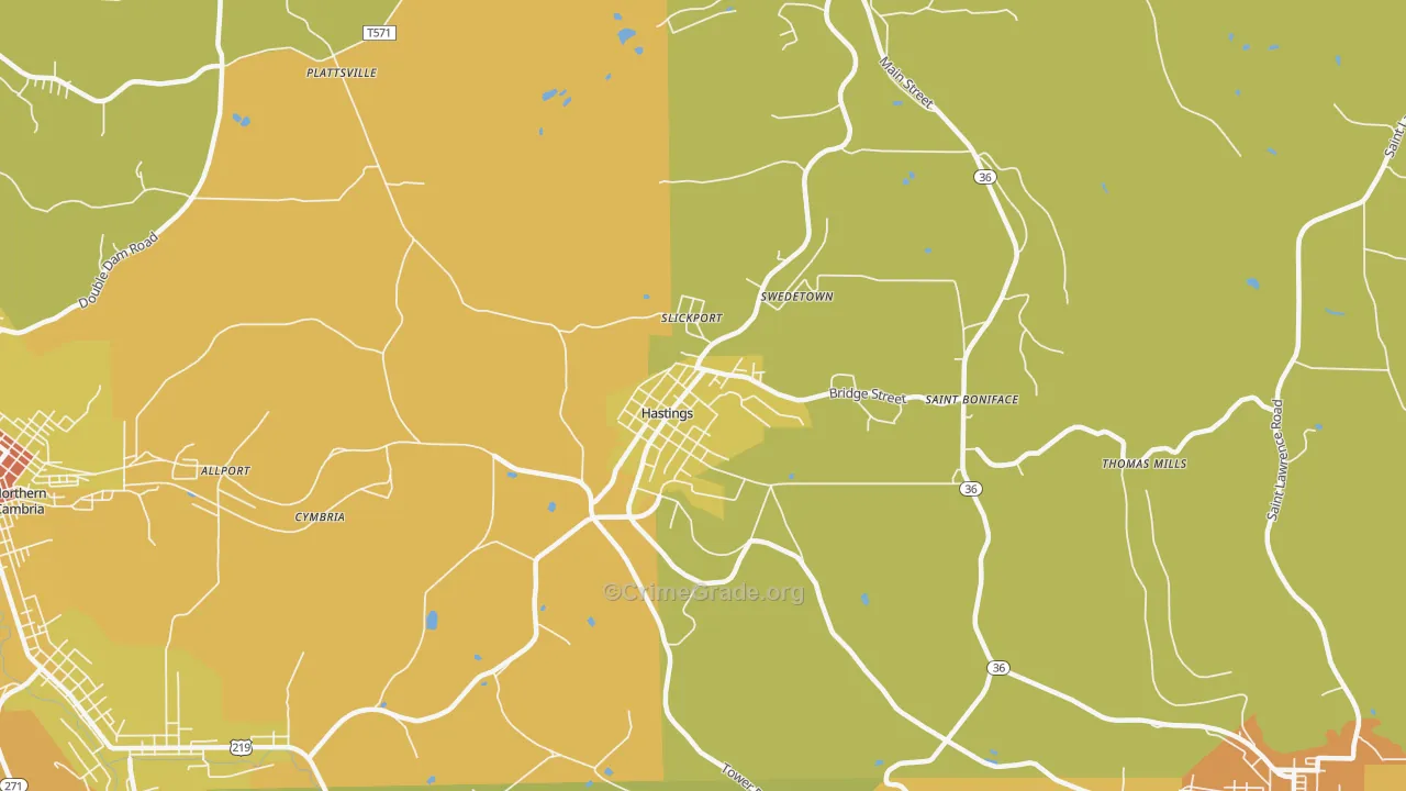 Hastings, PA Map of Robbery Rates