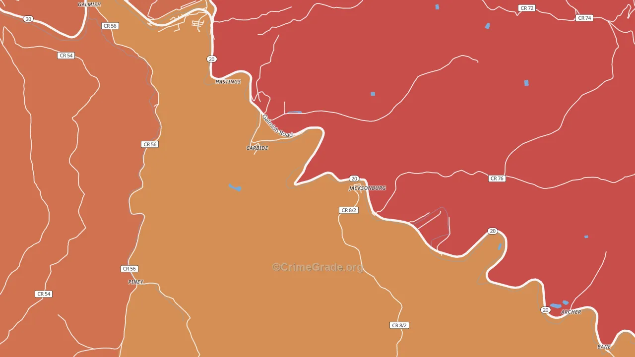 Hastings, WV Map of Robbery Rates