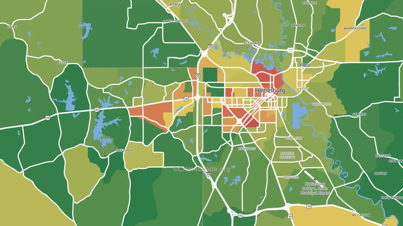 Hattiesburg, MS Map of Robbery Rates