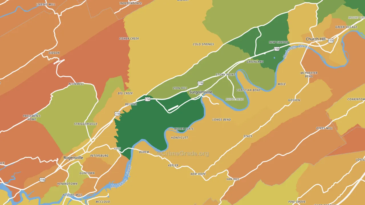 Hawkins County, TN Map of Robbery Rates