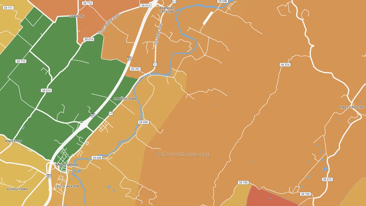Hawkinstown, VA Map of Robbery Rates