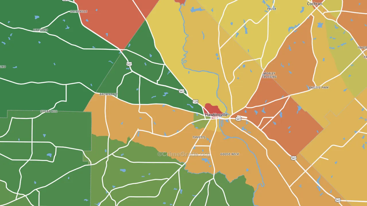 Hawkinsville, GA Map of Robbery Rates