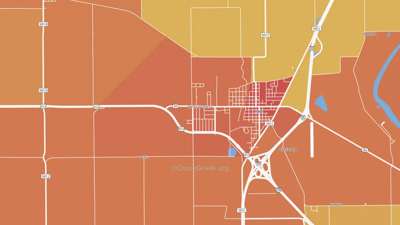 Hayti Heights, MO Map of Robbery Rates