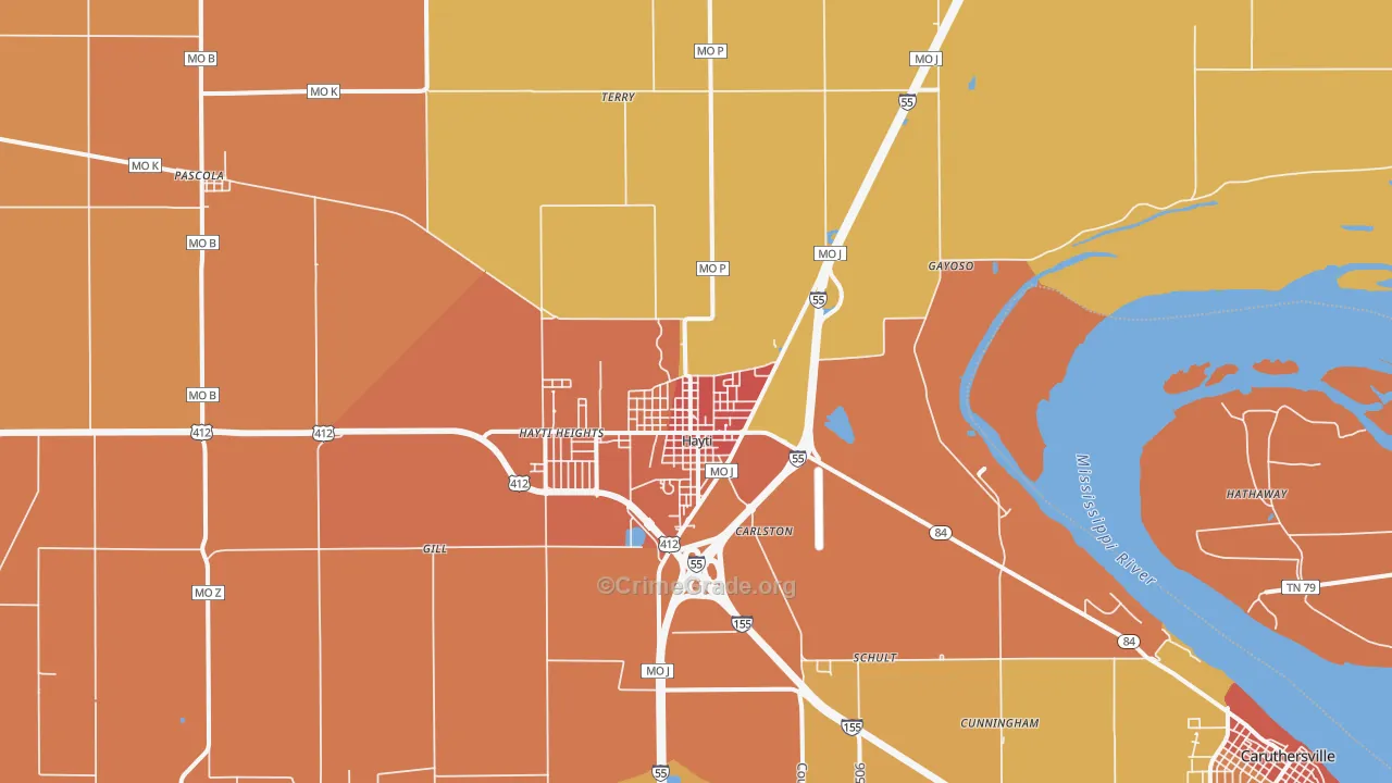 Hayti, MO Map of Robbery Rates