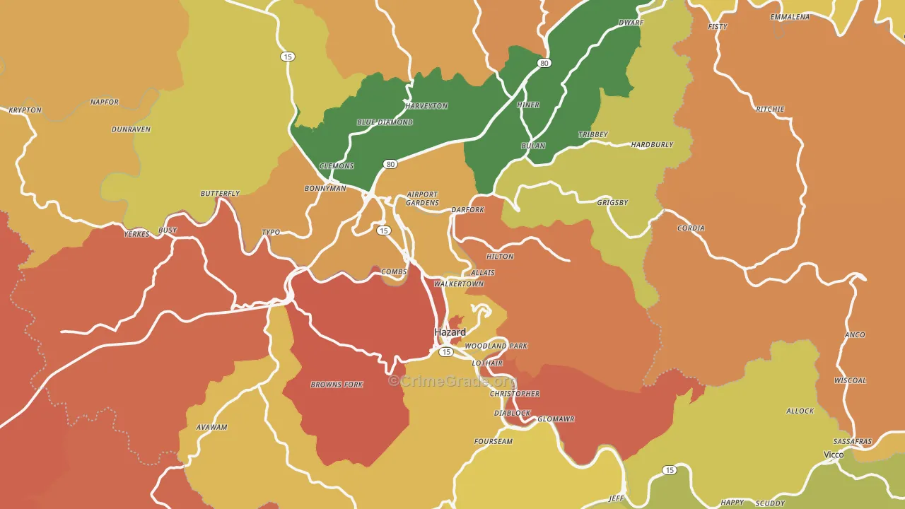 Hazard, KY Map of Robbery Rates