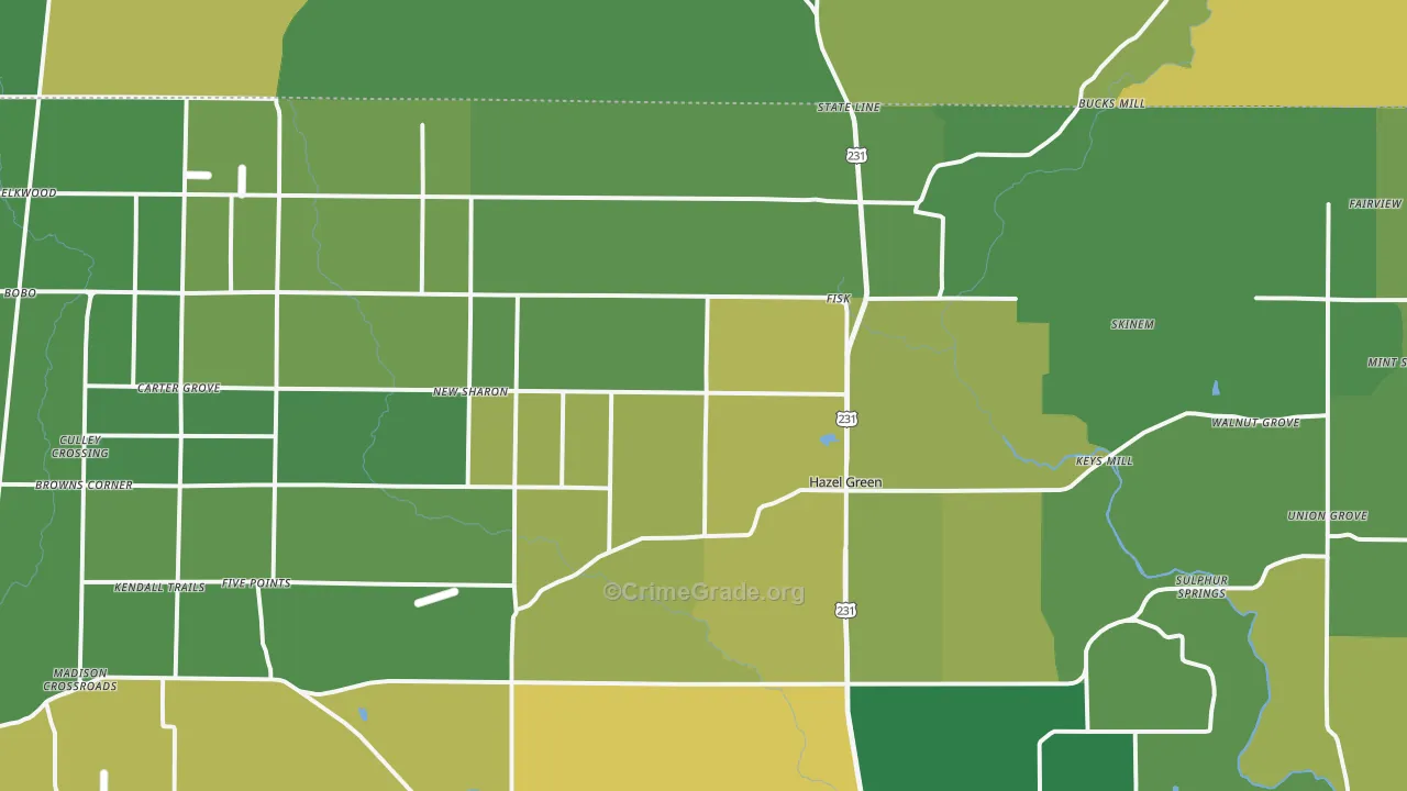 Hazel Green, AL Map of Robbery Rates
