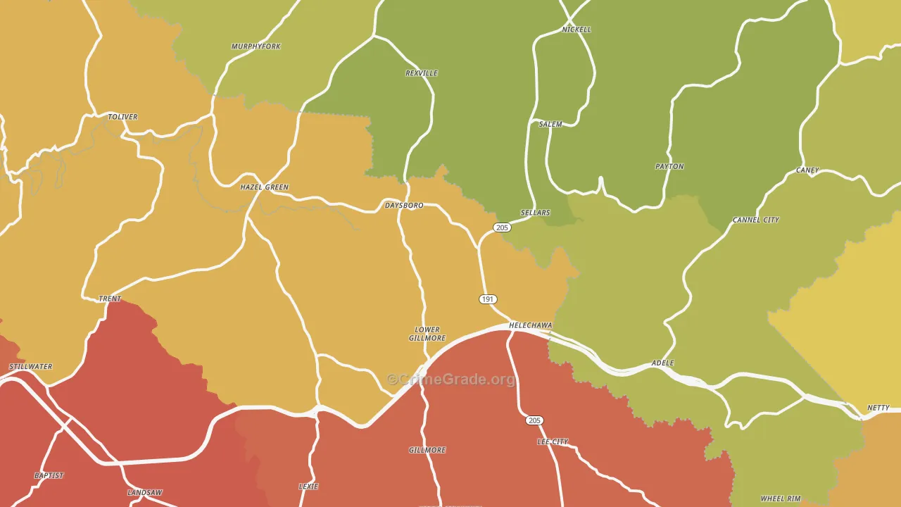 Hazel Green, KY Map of Robbery Rates