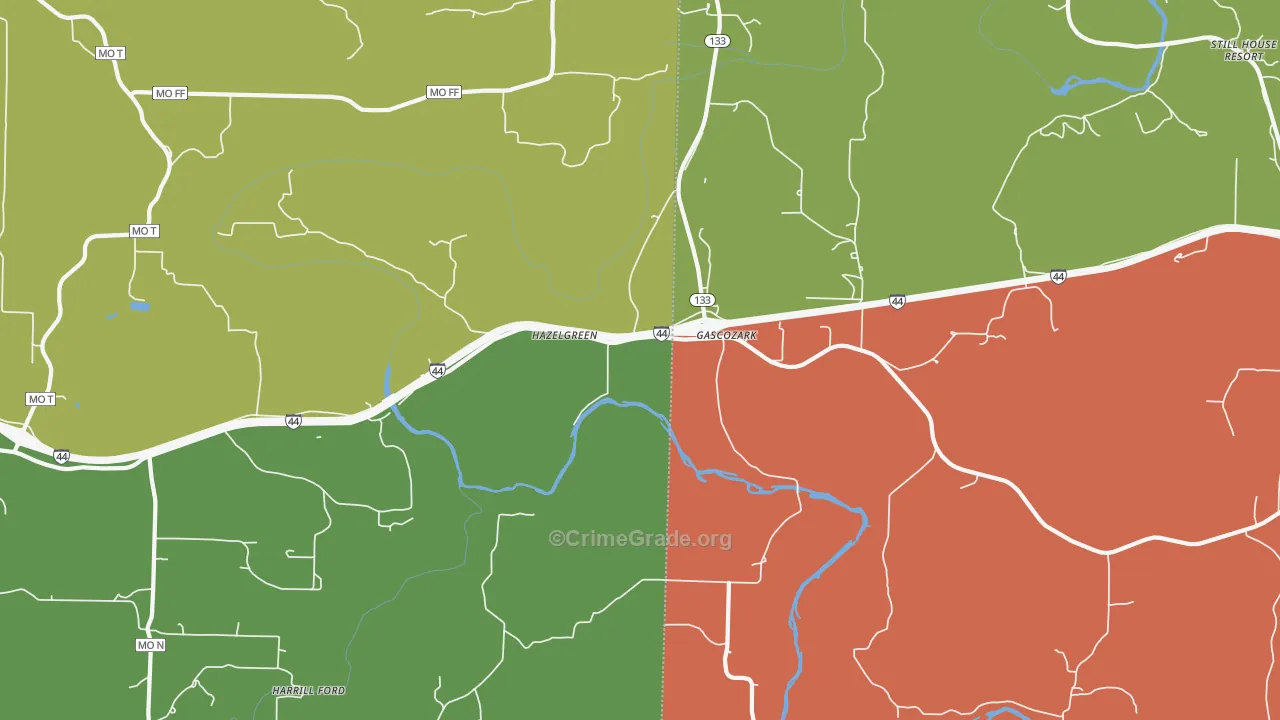 Hazelgreen, MO Map of Robbery Rates