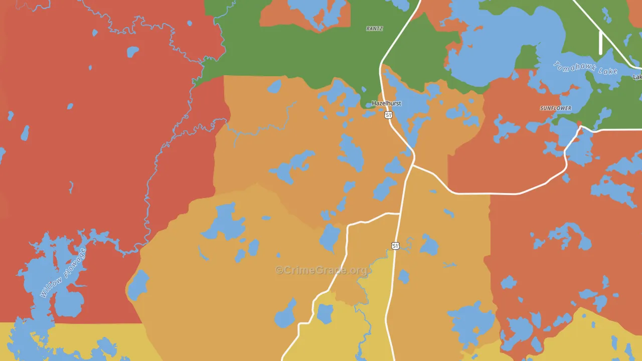 Hazelhurst, WI Map of Robbery Rates