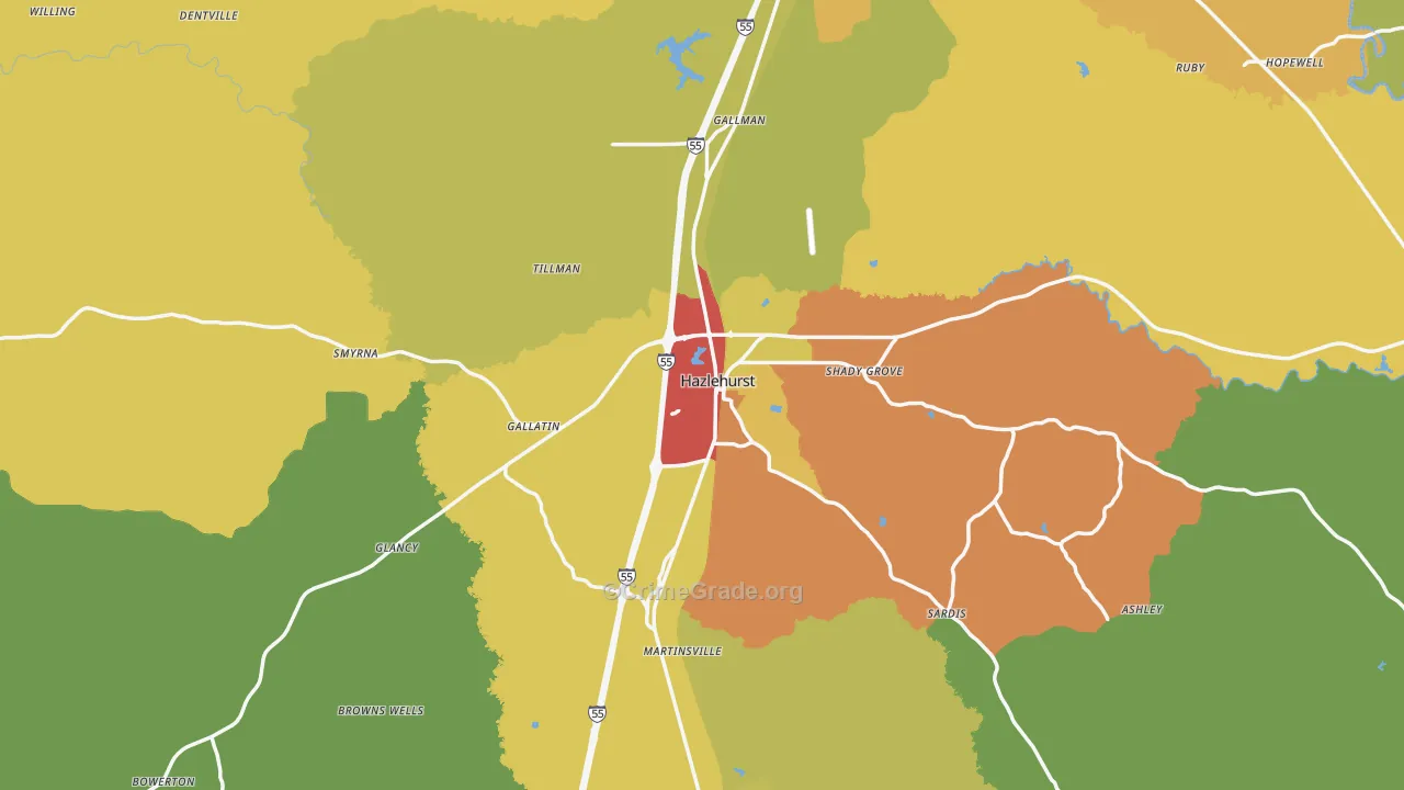 Hazlehurst, MS Map of Robbery Rates