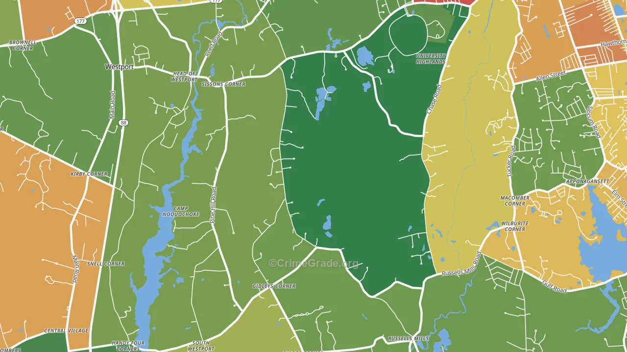Head of Westport, MA Map of Robbery Rates