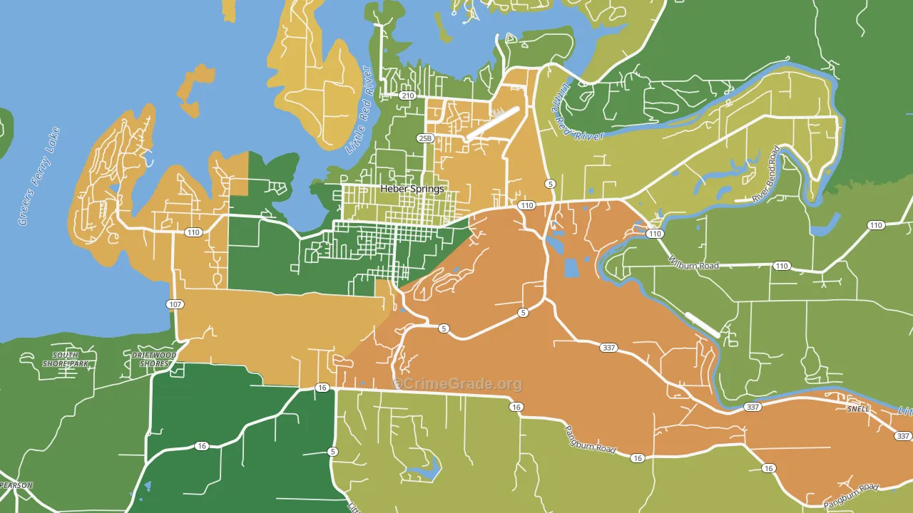 Heber Springs, AR Map of Robbery Rates